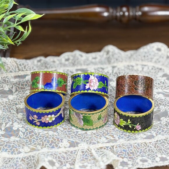 Vintage Cloisonne Napkin Rings Set of 6 Floral Enamel Brass Napkin Holder Rings - Picture 1 of 12